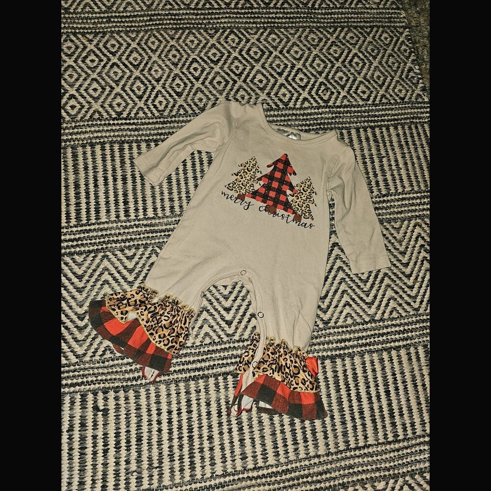 Ruffle Girl Merry Christmas Plaid + Leopard Print Romper 0-3 Months